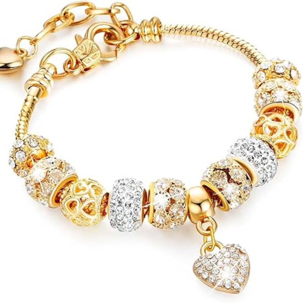 Charm Bracelet with Charms Gold Tone with Rhinestones Really‎ Nice !!